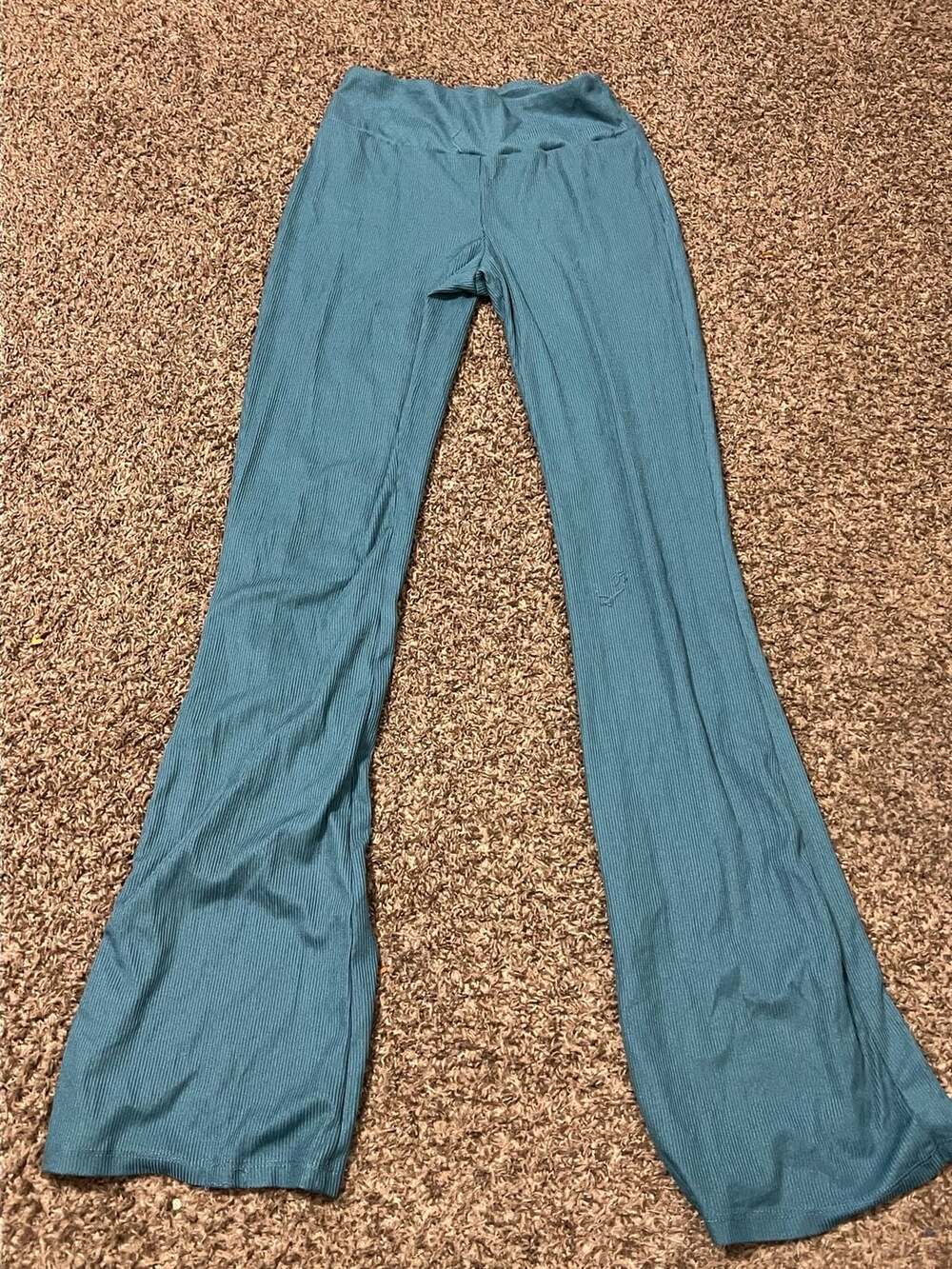 Pink Rose Ribbed Flare Leggings, Teal, Size XS
